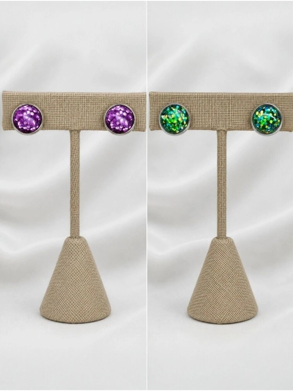 𝅺2 Pair Druzy Quartz Sparkly Glitter Stud Earrings – Green & Purple Round Post